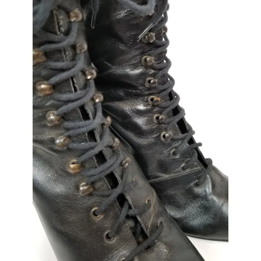 Poppies Black Leather Victorian Lace-up Boots Size 7.5 - Picture 5 of 12